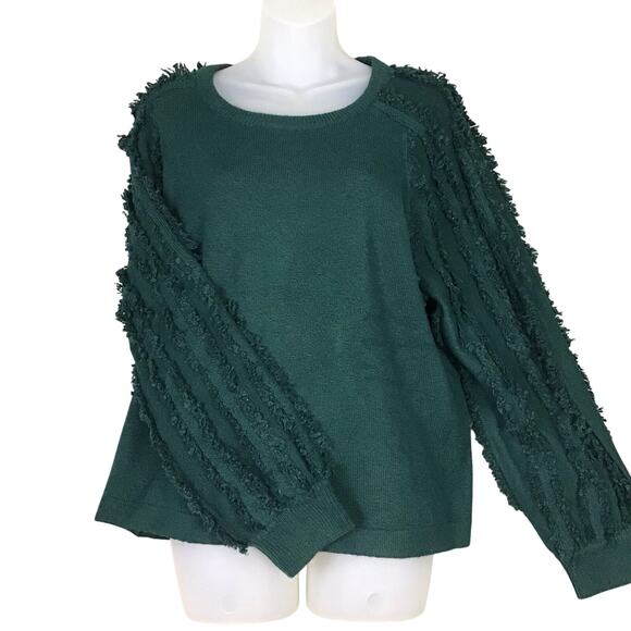 1.State Women’s Sweater Large Green Fringe Sleeve Textured Knit Pullover NWOT - Picture 1 of 12